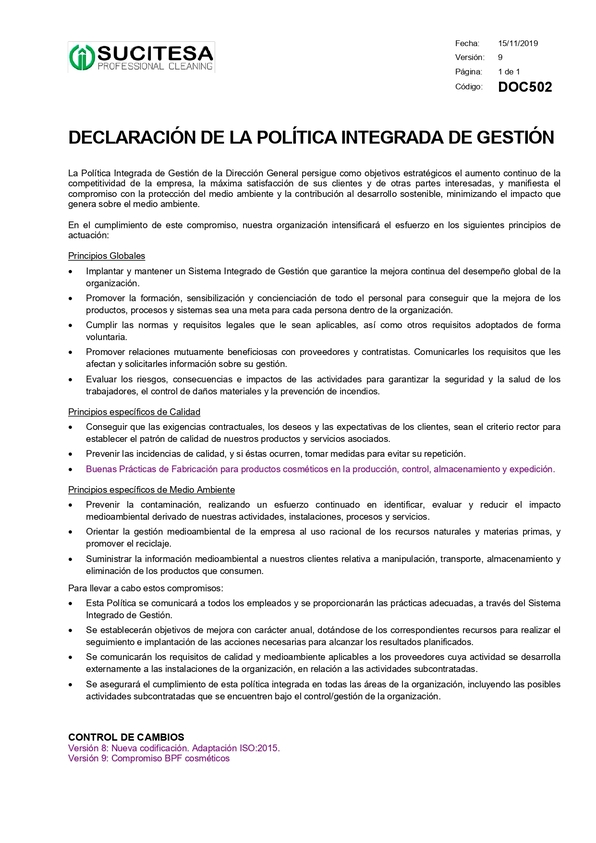 Declaración de la Política Integrada de Gestión